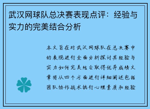 武汉网球队总决赛表现点评：经验与实力的完美结合分析
